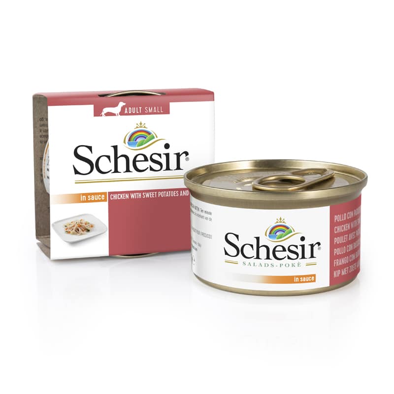 מעדן רטוב לכלבים בטעם עוף עם בטטה וגזר 85 גרם | Schesir Dog Food