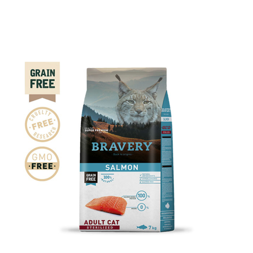 מזון יבש לחתולים בוגרים מסורסים 7 ק"ג | BRAVERY Salmon Sterilized Adult Cat