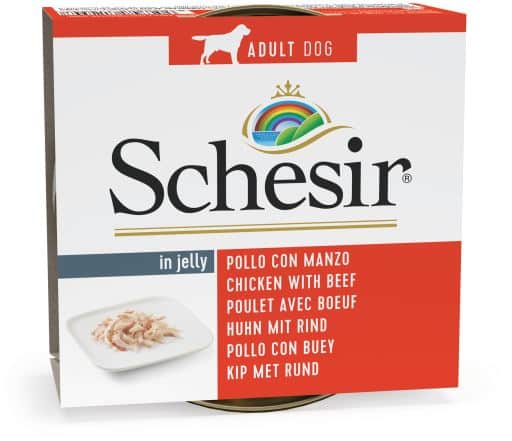 מעדן רטוב לכלבים בטעם עוף ובקר 150 גרם | Schesir Dog Wet Food Chicken with Beef in Jelly