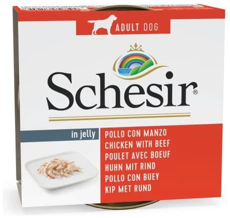 מעדן רטוב לכלבים בטעם עוף ובקר 150 גרם | Schesir Dog Wet Food Chicken with Beef in Jelly