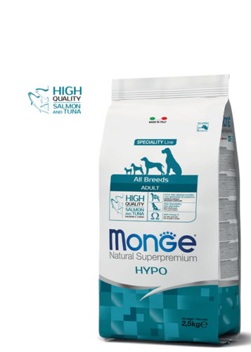 מזון יבש לכלבים בוגרים 2.5 ק"ג | Monge Natural Superpremium HYPO Adult Salmon & Tuna