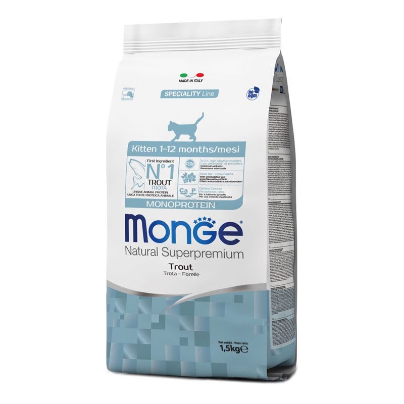 מזון יבש לגורי חתולים בטעם פורל 1.5 ק"ג | Monge Natural Superpremium Kitten Monoprotein Trout