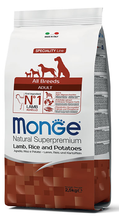 מזון יבש לכלבים בוגרים 2.5 ק"ג | Monge Adult Lamb, Rice & Potato