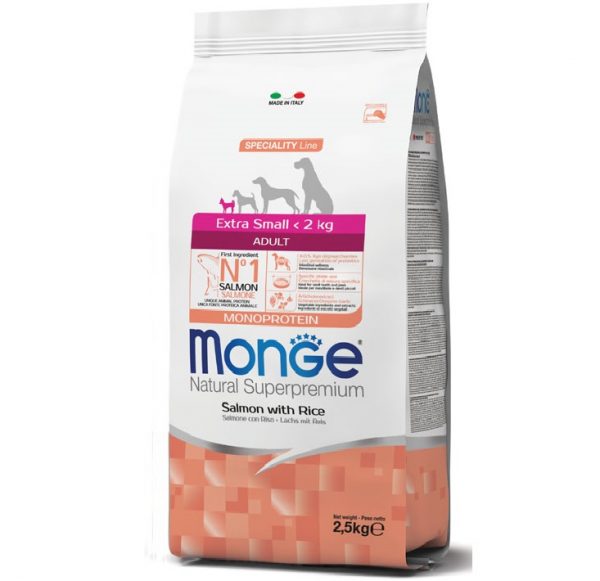 מזון יבש לכלבים בוגרים מגזע קטן 2.5 ק"ג | Monge Small Adult Salmon & Rice