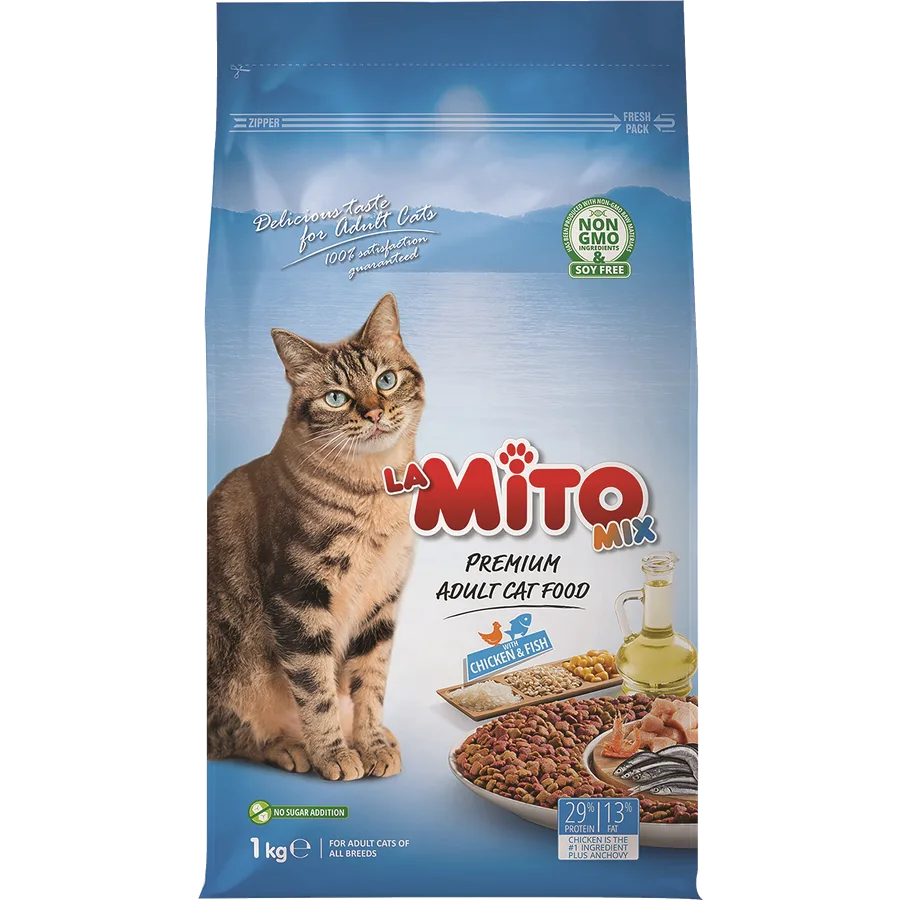 מזון יבש לחתולים בוגרים בטעם עוף ודגים 1 ק"ג | MITO