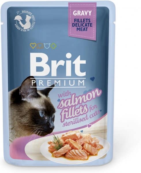מזון רטוב לחתולים בוגרים 85 גרם | Brit Premium Feline Salmon in Gravy