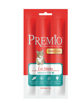 חטיף סטיק לחתולים בטעם סלמון ודג קוד 15 גרם | Premio Sensitive Salmon & Cod Stick 15g