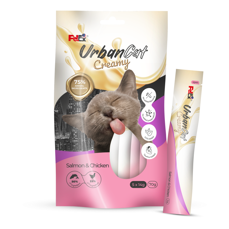 חטיף קרמי לחתולים בטעם סלמון ועוף 70 גרם | Urban Cat Creamy