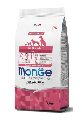 מזון יבש לכלבים בוגרים במשקל 2.5 ק"ג | Monge Adult Beef and Rice