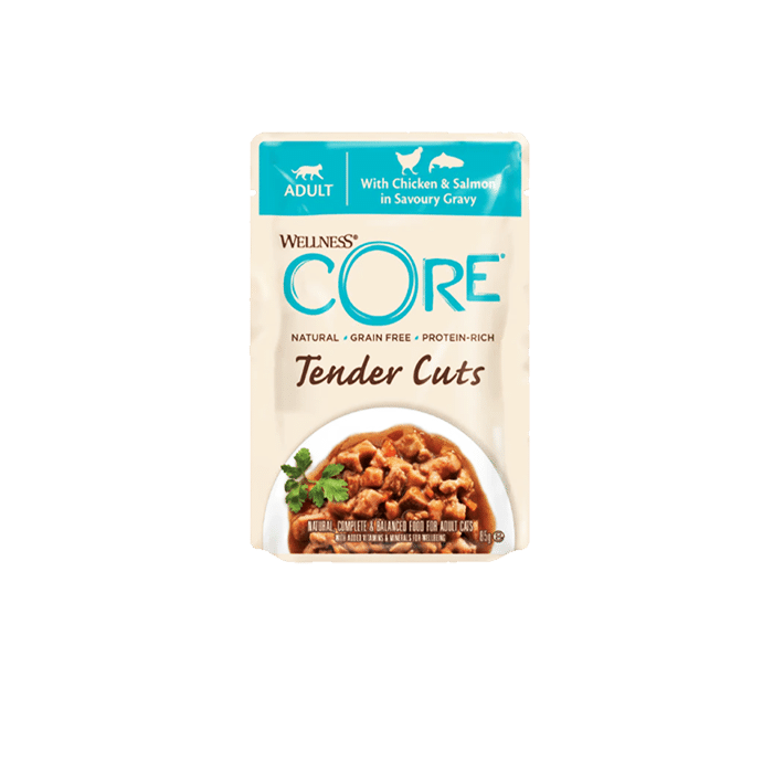 מעדן רטוב לחתולים בוגרים 85 גרם | Wellness CORE Tender Cuts with Chicken & Salmon in Savory Gravy