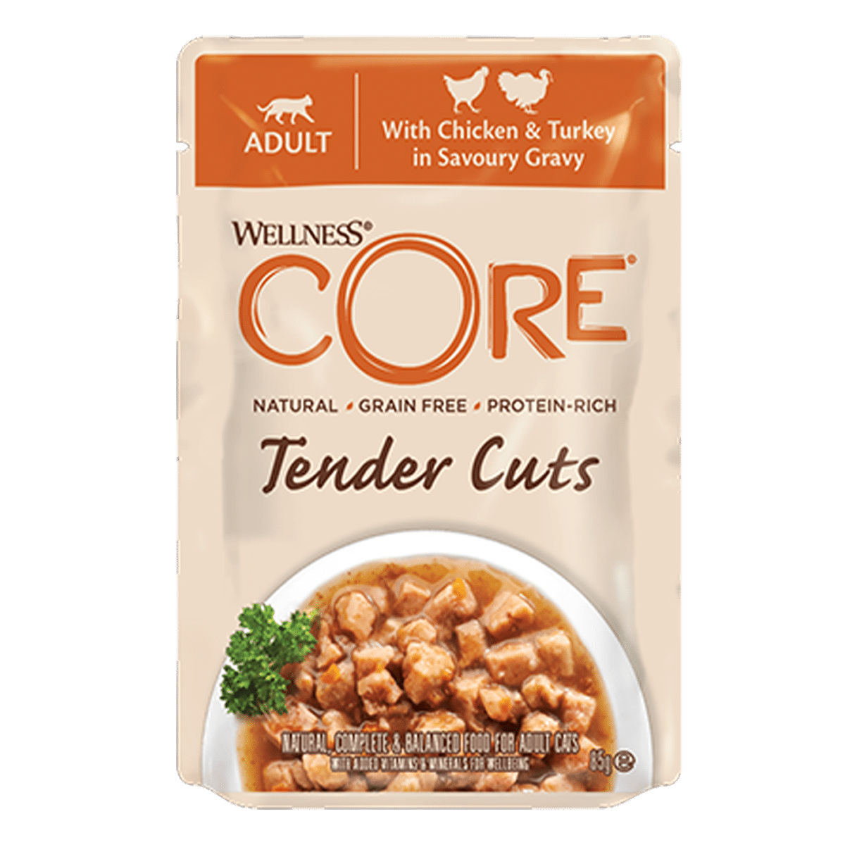 מעדן לחתולים בטעם הודו ועוף ברוטב 85 גרם | Wellness CORE Tender Cuts with Chicken & Turkey in Savoury Gravy