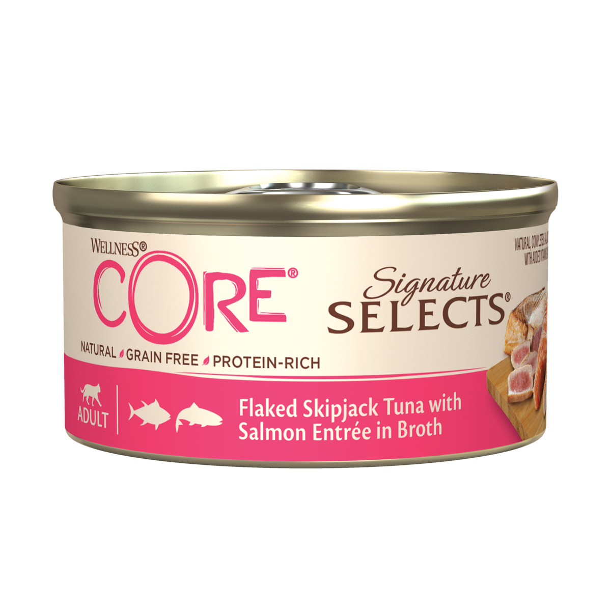 שימורי חתולים בטעם טונה וסלמון 79 גרם | Wellness CORE Signature Selects Flaked Skipjack Tuna with Salmon Entree in Broth