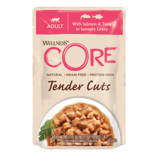 מעדן לחתולים בטעם טונה וסלמון ברוטב 85 גרם | Wellness CORE Tender Cuts with Salmon & Tuna in Savoury Gravy