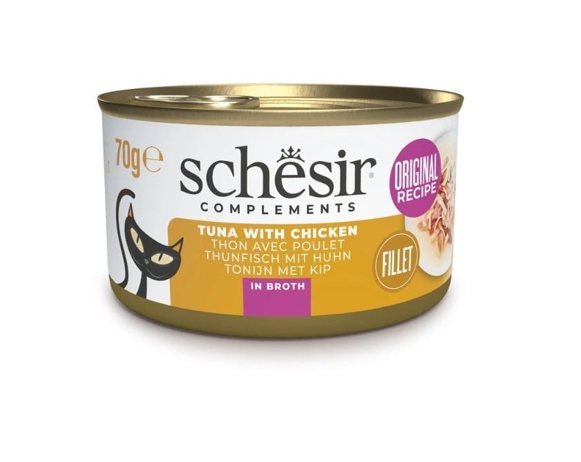 מעדן רטוב לחתולים בטעם טונה ועוף בציר 70 גרם | Schesir Tuna and Chicken in Broth