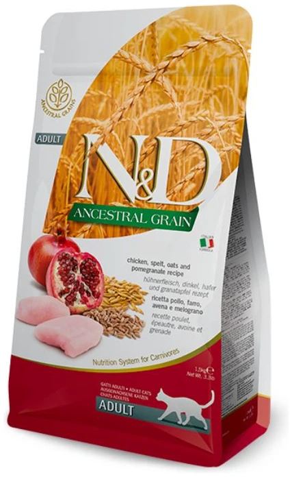 מזון יבש לחתולים בוגרים 10 ק"ג | Farmina N&D Ancestral Grain Chicken & Pomegranate Adult Cat