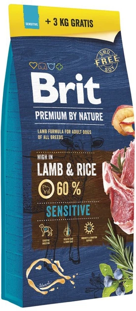 מזון יבש לכלבים בוגרים עם רגישות למזון 15 ק"ג | Brit Premium Sensitive Lamb & Rice