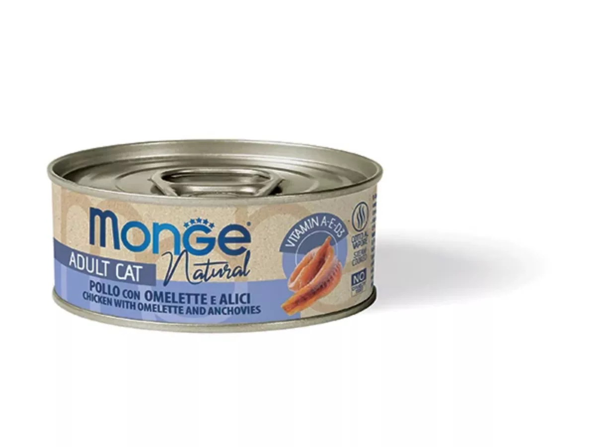 מזון רטוב משלים לחתולים בוגרים 80 גרם | Monge Natural Chicken with Omelette and Anchovies