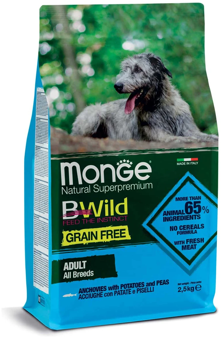 מזון יבש לכלבים בוגרים מגזע קטן 2.5 ק"ג | Monge BWild Grain Free Mini Adult Anchovy