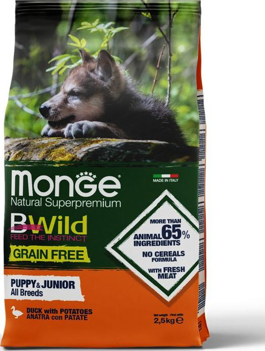 מזון יבש לגורי כלבים מכל הגזעים 2.5 ק"ג | Monge BWild Grain Free Puppy & Junior Duck with Potatoes