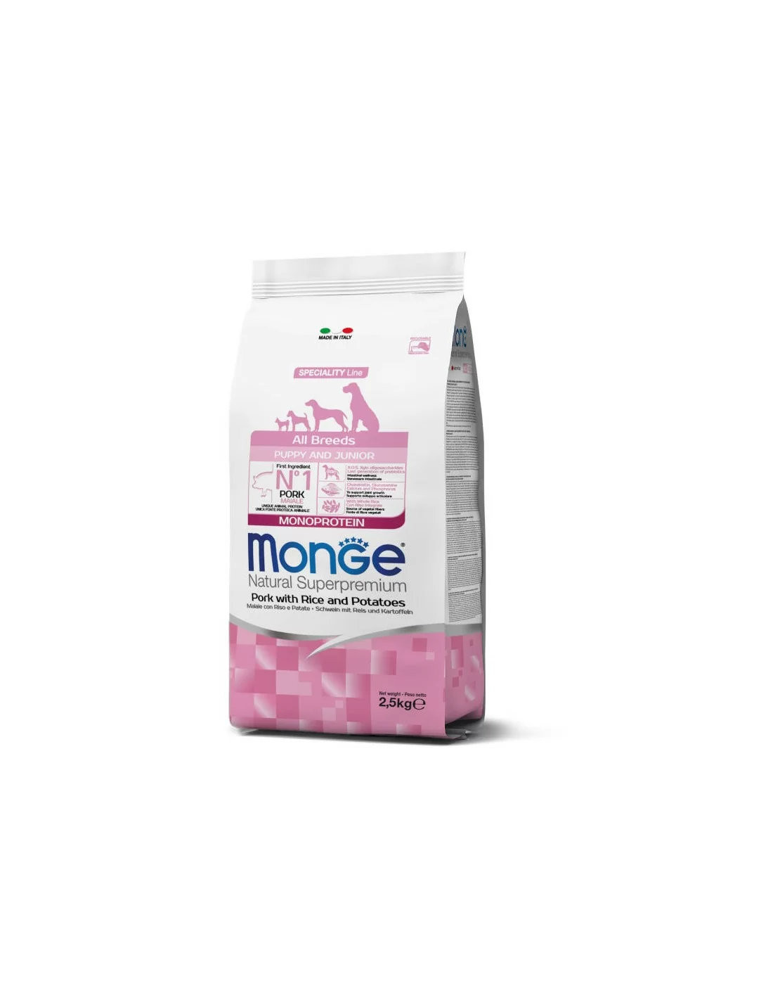 מזון יבש לגורי כלבים מכל הגזעים 2.5 ק"ג | Monge Natural Superpremium Puppy Pork with Rice and Potatoes