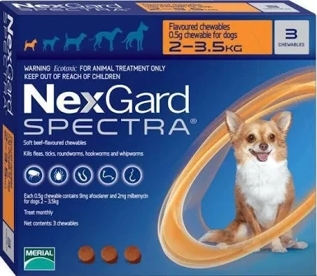 טבליה לעיסה נגד טפילים לכלבים במשקל 2-3.5 ק"ג | NexGard Spectra