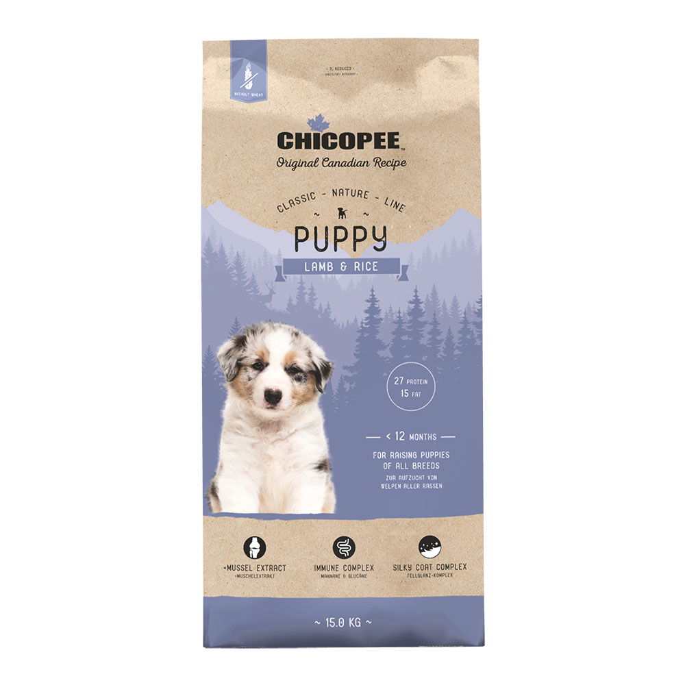 מזון יבש לגורי כלבים על בסיס כבש ואורז 15 ק"ג | Chicopee Puppy Lamb & Rice